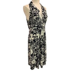 Size 12 Jones Wear Dress Black Ivory Print Pullover Stretch A-Line Midi